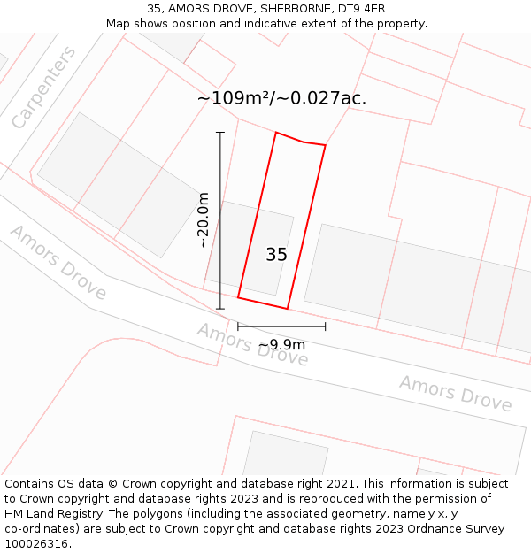 35, AMORS DROVE, SHERBORNE, DT9 4ER: Plot and title map
