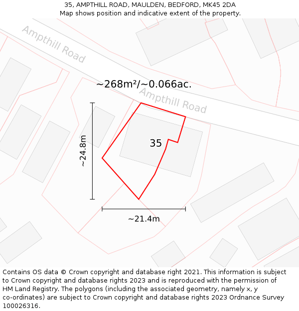 35, AMPTHILL ROAD, MAULDEN, BEDFORD, MK45 2DA: Plot and title map