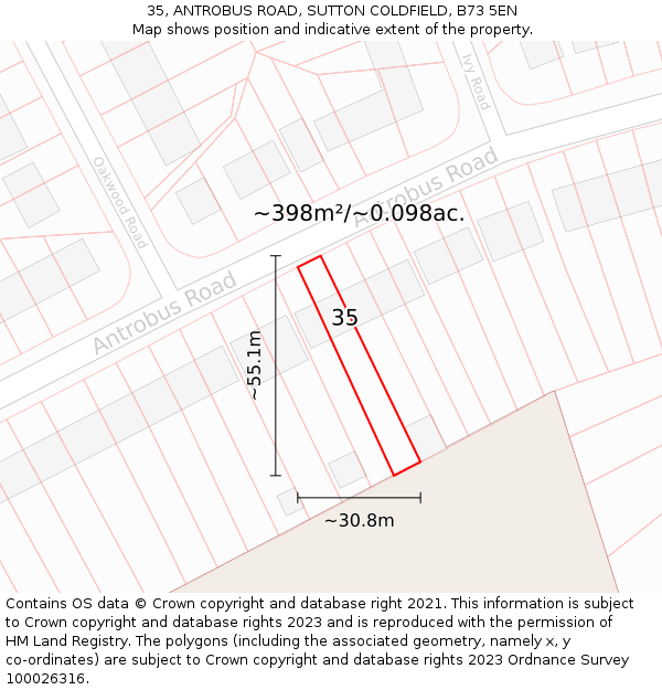 35, ANTROBUS ROAD, SUTTON COLDFIELD, B73 5EN: Plot and title map