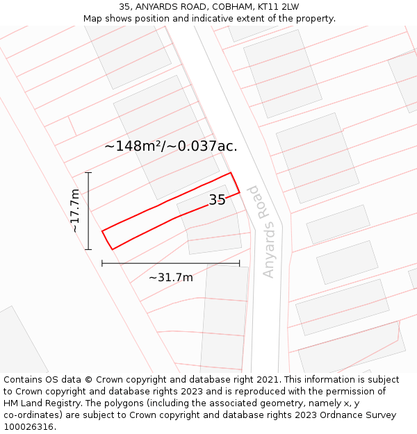 35, ANYARDS ROAD, COBHAM, KT11 2LW: Plot and title map