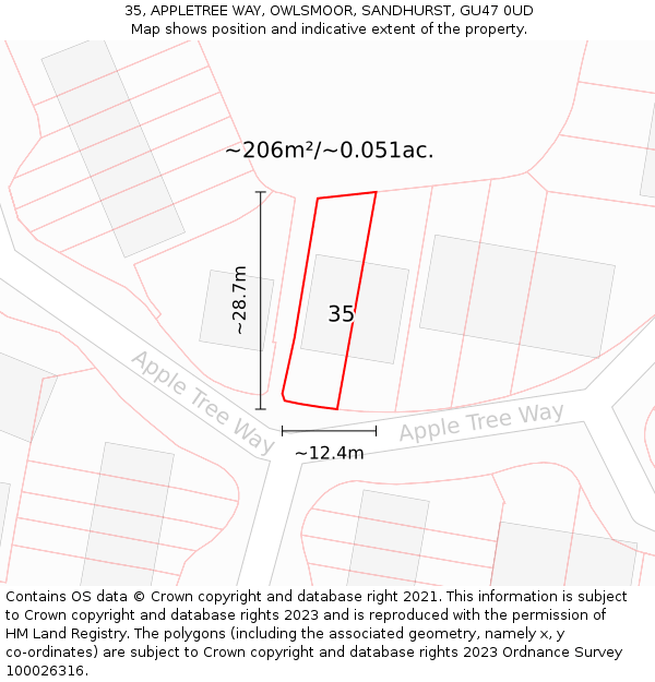 35, APPLETREE WAY, OWLSMOOR, SANDHURST, GU47 0UD: Plot and title map