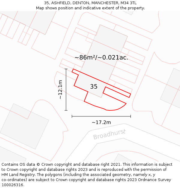 35, ASHFIELD, DENTON, MANCHESTER, M34 3TL: Plot and title map