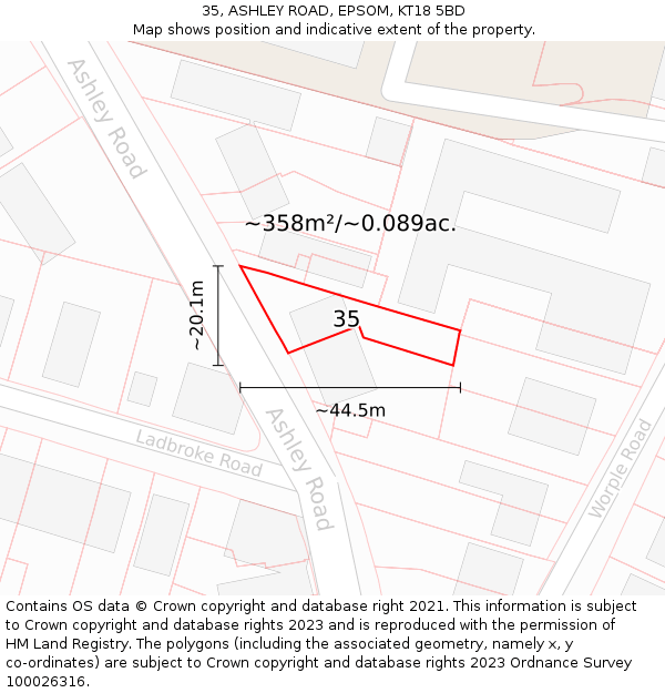 35, ASHLEY ROAD, EPSOM, KT18 5BD: Plot and title map