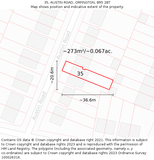 35, AUSTIN ROAD, ORPINGTON, BR5 2BT: Plot and title map