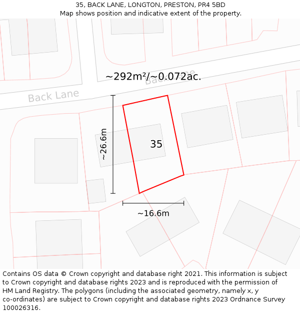 35, BACK LANE, LONGTON, PRESTON, PR4 5BD: Plot and title map