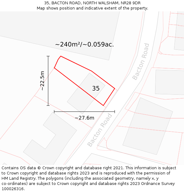 35, BACTON ROAD, NORTH WALSHAM, NR28 9DR: Plot and title map