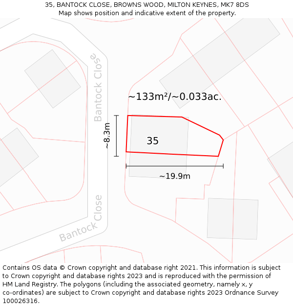 35, BANTOCK CLOSE, BROWNS WOOD, MILTON KEYNES, MK7 8DS: Plot and title map