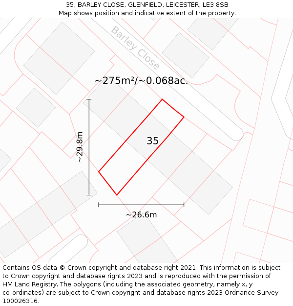 35, BARLEY CLOSE, GLENFIELD, LEICESTER, LE3 8SB: Plot and title map