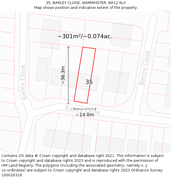 35, BARLEY CLOSE, WARMINSTER, BA12 9LX: Plot and title map
