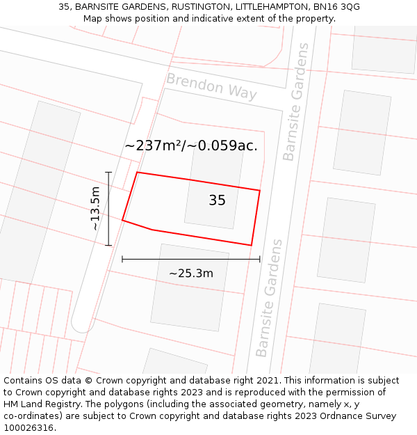 35, BARNSITE GARDENS, RUSTINGTON, LITTLEHAMPTON, BN16 3QG: Plot and title map