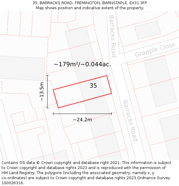 35, BARRACKS ROAD, FREMINGTON, BARNSTAPLE, EX31 3FP: Plot and title map