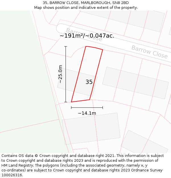 35, BARROW CLOSE, MARLBOROUGH, SN8 2BD: Plot and title map