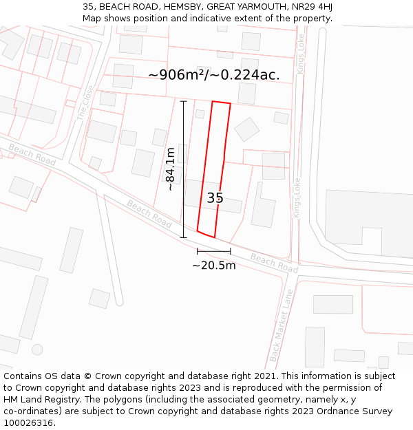 35, BEACH ROAD, HEMSBY, GREAT YARMOUTH, NR29 4HJ: Plot and title map