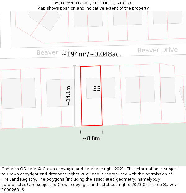 35, BEAVER DRIVE, SHEFFIELD, S13 9QL: Plot and title map