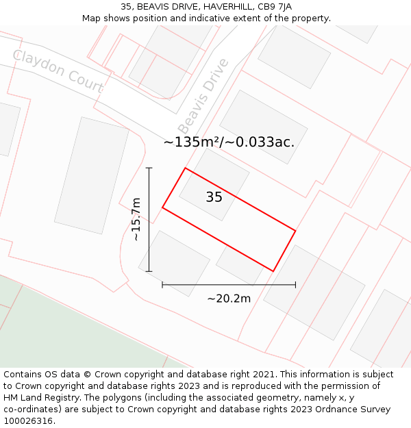 35, BEAVIS DRIVE, HAVERHILL, CB9 7JA: Plot and title map