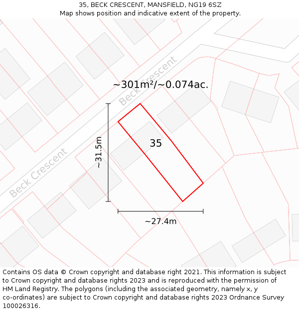 35, BECK CRESCENT, MANSFIELD, NG19 6SZ: Plot and title map