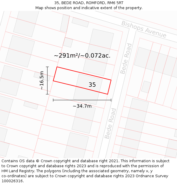 35, BEDE ROAD, ROMFORD, RM6 5RT: Plot and title map