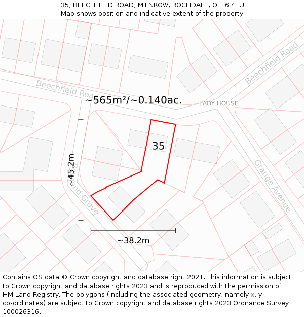 35, BEECHFIELD ROAD, MILNROW, ROCHDALE, OL16 4EU: Plot and title map