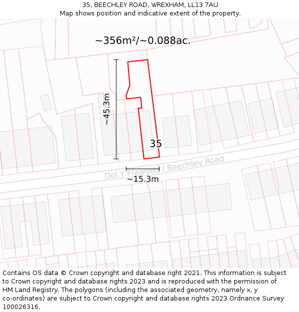 35, BEECHLEY ROAD, WREXHAM, LL13 7AU: Plot and title map