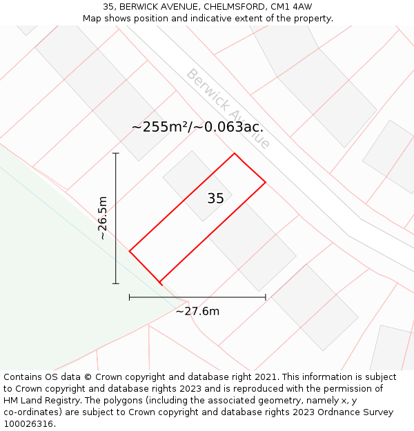 35, BERWICK AVENUE, CHELMSFORD, CM1 4AW: Plot and title map