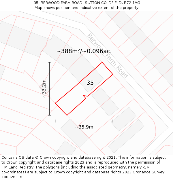 35, BERWOOD FARM ROAD, SUTTON COLDFIELD, B72 1AG: Plot and title map