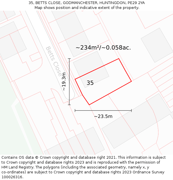 35, BETTS CLOSE, GODMANCHESTER, HUNTINGDON, PE29 2YA: Plot and title map