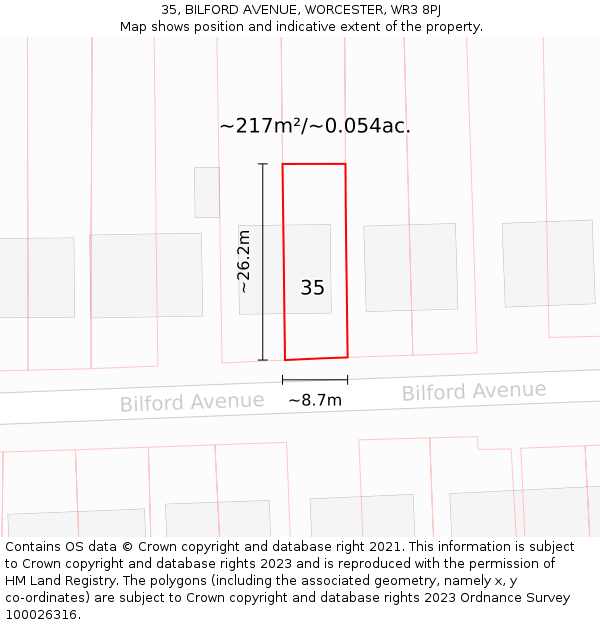 35, BILFORD AVENUE, WORCESTER, WR3 8PJ: Plot and title map
