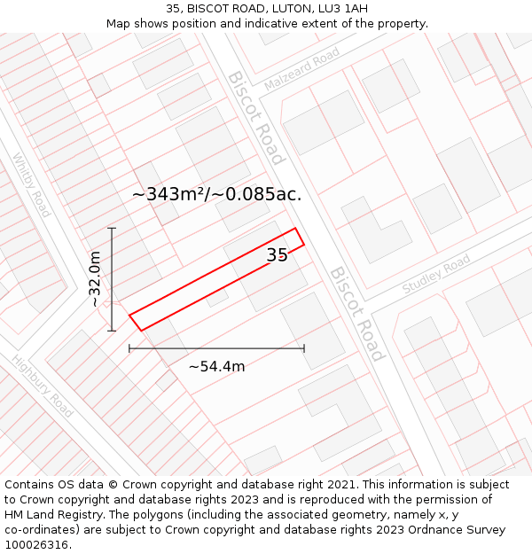 35, BISCOT ROAD, LUTON, LU3 1AH: Plot and title map