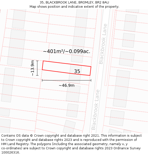 35, BLACKBROOK LANE, BROMLEY, BR2 8AU: Plot and title map