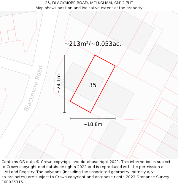 35, BLACKMORE ROAD, MELKSHAM, SN12 7HT: Plot and title map