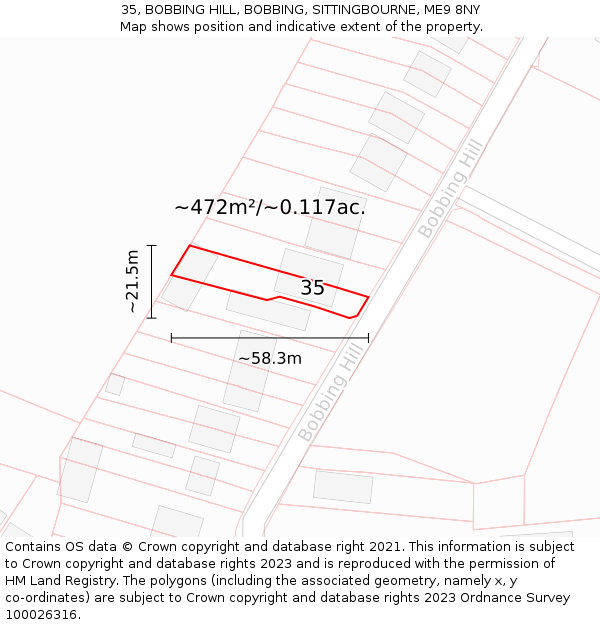 35, BOBBING HILL, BOBBING, SITTINGBOURNE, ME9 8NY: Plot and title map