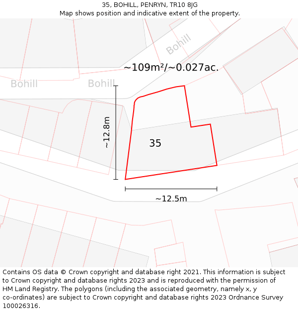 35, BOHILL, PENRYN, TR10 8JG: Plot and title map