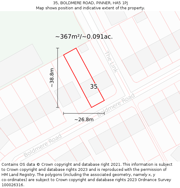 35, BOLDMERE ROAD, PINNER, HA5 1PJ: Plot and title map