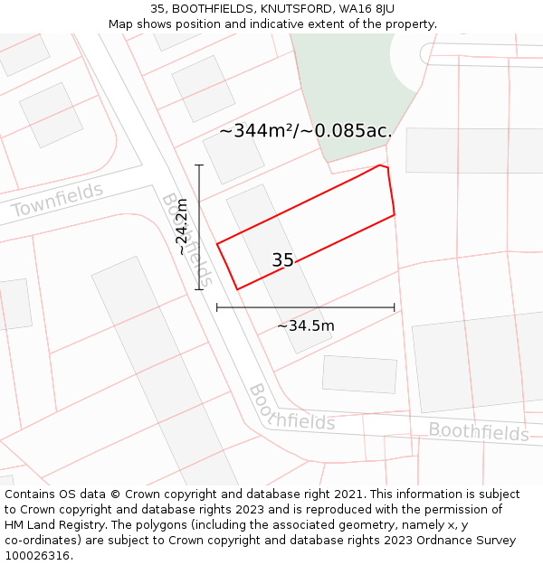 35, BOOTHFIELDS, KNUTSFORD, WA16 8JU: Plot and title map