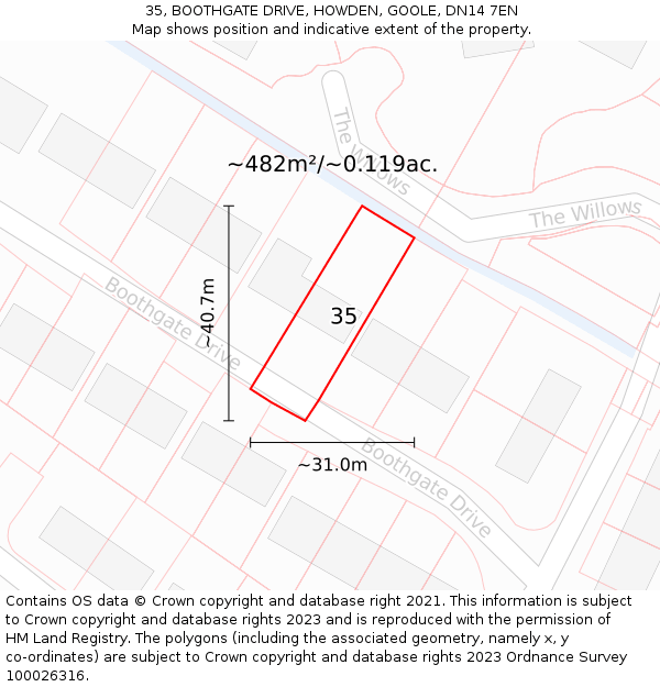 35, BOOTHGATE DRIVE, HOWDEN, GOOLE, DN14 7EN: Plot and title map