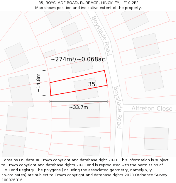 35, BOYSLADE ROAD, BURBAGE, HINCKLEY, LE10 2RF: Plot and title map
