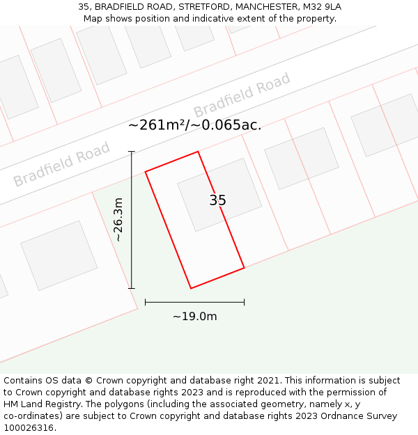 35, BRADFIELD ROAD, STRETFORD, MANCHESTER, M32 9LA: Plot and title map