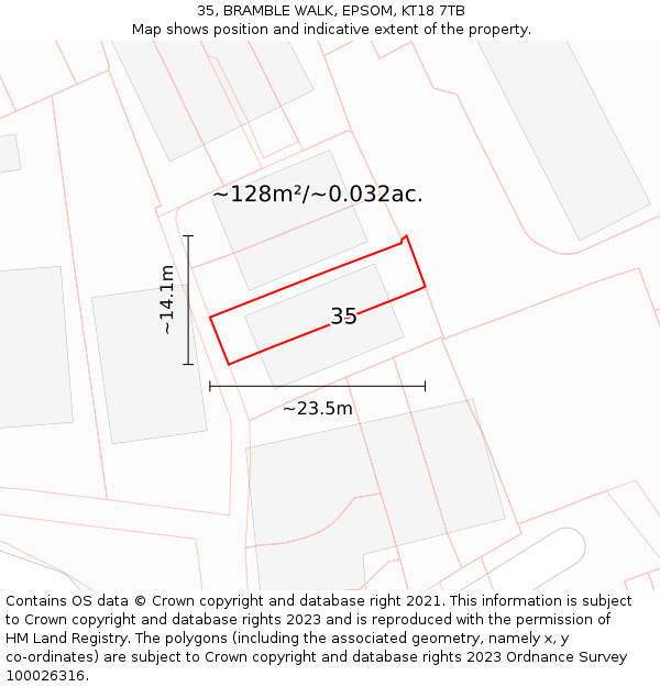 35, BRAMBLE WALK, EPSOM, KT18 7TB: Plot and title map