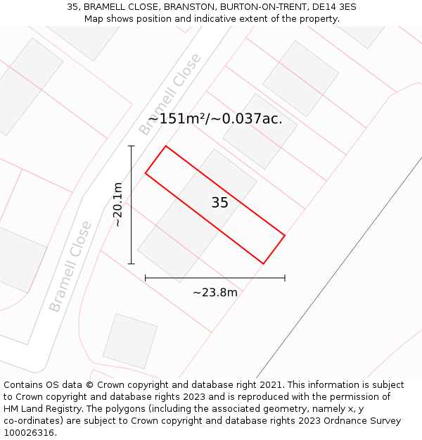 35, BRAMELL CLOSE, BRANSTON, BURTON-ON-TRENT, DE14 3ES: Plot and title map