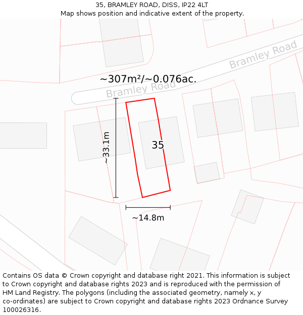 35, BRAMLEY ROAD, DISS, IP22 4LT: Plot and title map