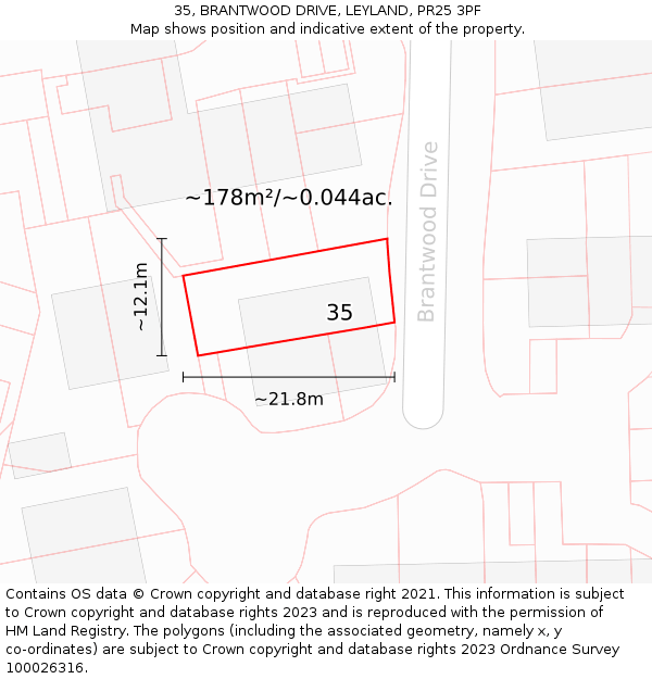 35, BRANTWOOD DRIVE, LEYLAND, PR25 3PF: Plot and title map