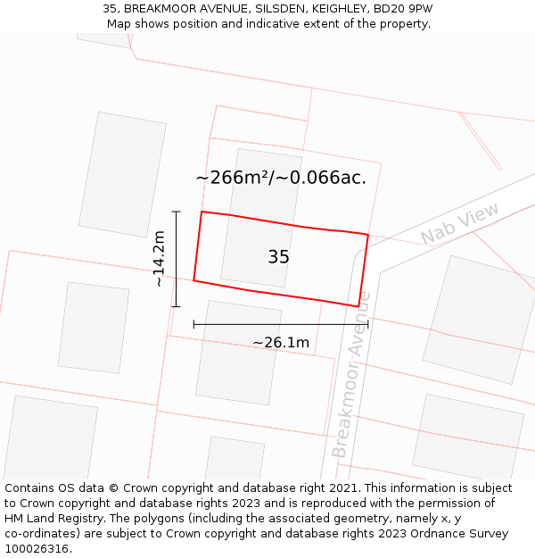 35, BREAKMOOR AVENUE, SILSDEN, KEIGHLEY, BD20 9PW: Plot and title map