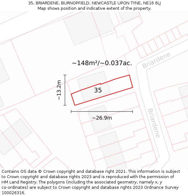 35, BRIARDENE, BURNOPFIELD, NEWCASTLE UPON TYNE, NE16 6LJ: Plot and title map