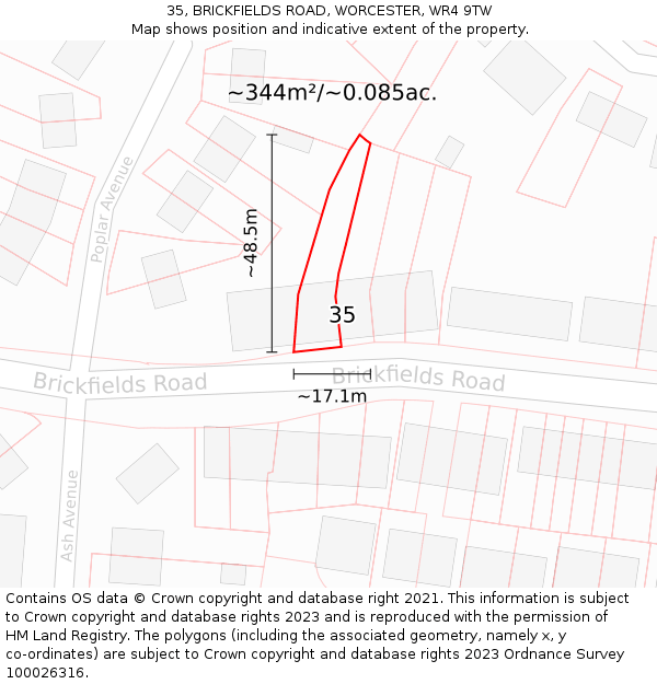 35, BRICKFIELDS ROAD, WORCESTER, WR4 9TW: Plot and title map