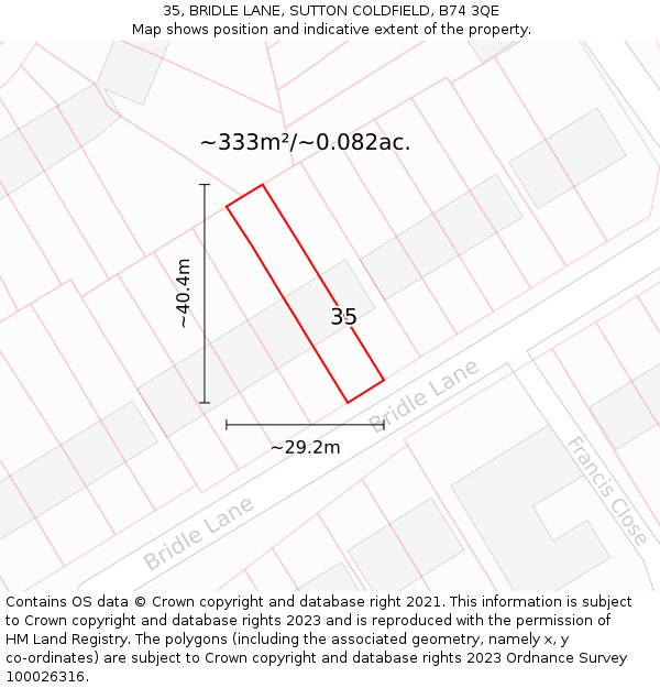 35, BRIDLE LANE, SUTTON COLDFIELD, B74 3QE: Plot and title map