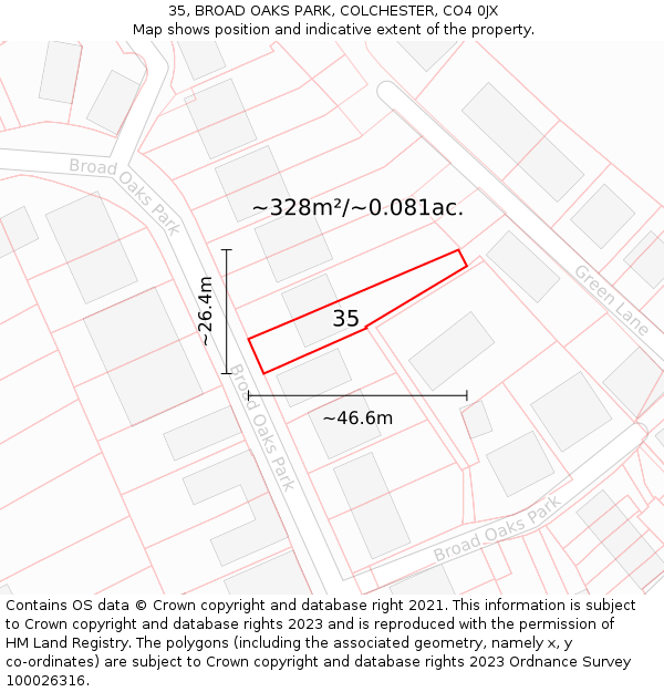 35, BROAD OAKS PARK, COLCHESTER, CO4 0JX: Plot and title map