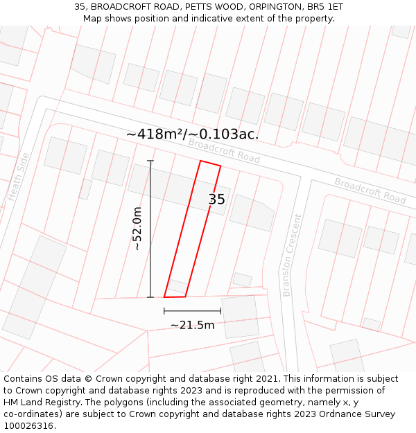 35, BROADCROFT ROAD, PETTS WOOD, ORPINGTON, BR5 1ET: Plot and title map