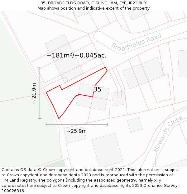 35, BROADFIELDS ROAD, GISLINGHAM, EYE, IP23 8HX: Plot and title map