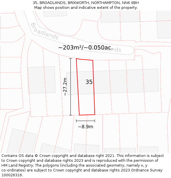 35, BROADLANDS, BRIXWORTH, NORTHAMPTON, NN6 9BH: Plot and title map