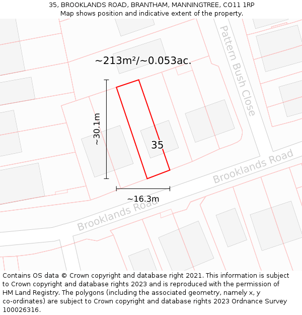 35, BROOKLANDS ROAD, BRANTHAM, MANNINGTREE, CO11 1RP: Plot and title map